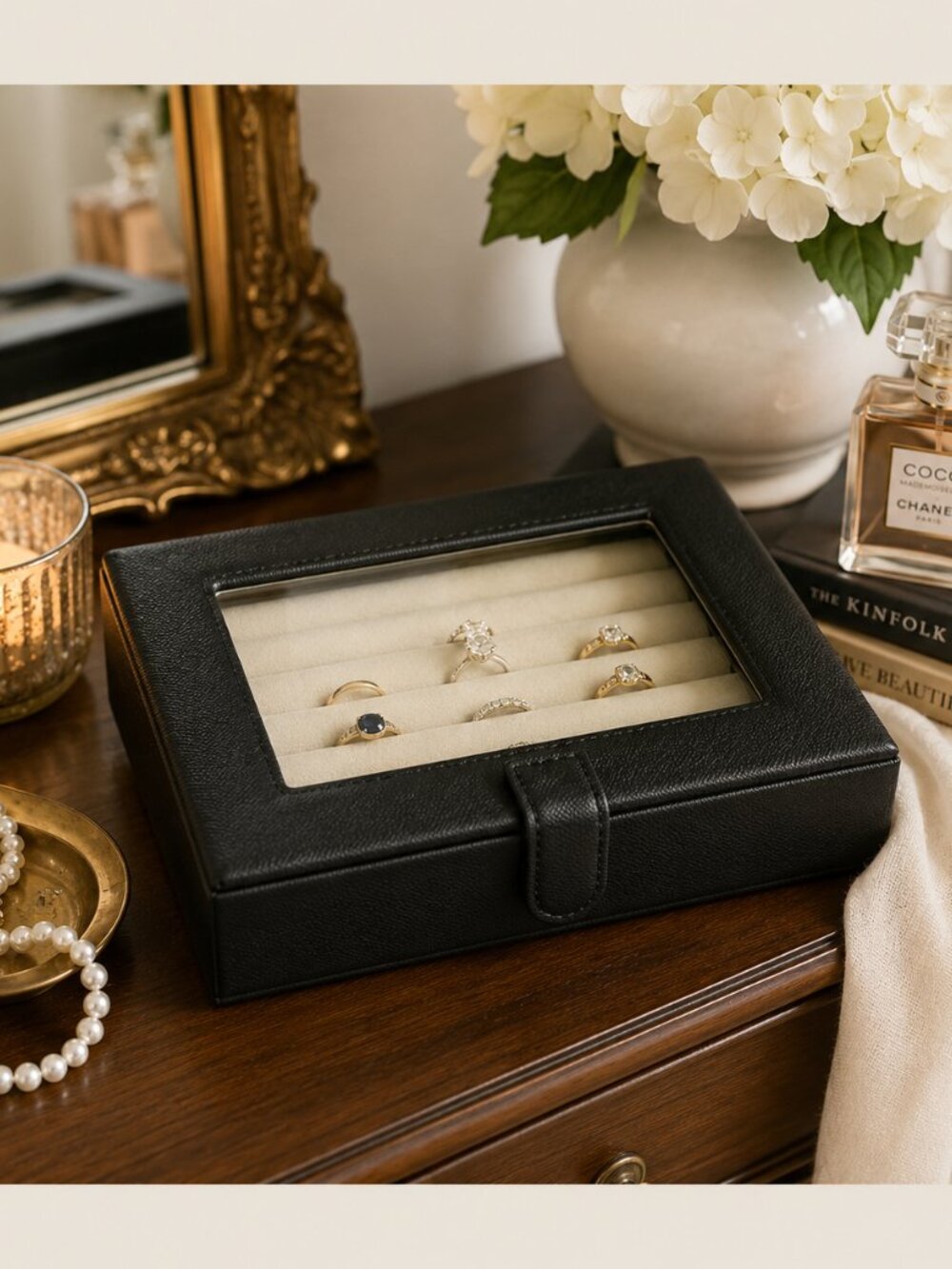 Mele & Co Black Faux Leather Glass Top Ring Jewelry Box Organizer 8x6 EUC